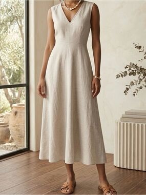 Banana Republic Women Linen Blend Dress Beige Size 2 Quiet Luxury